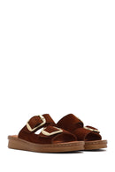 Woman Tan Buckled Suede Leather Comfort Slippers | Derimod Woman Tan Buckled Suede Leather Comfort Slippers | Derimod