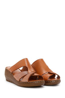 Women's Tan Leather Wedge Heel Comfort Slippers | Derimod Women's Tan Leather Wedge Heel Comfort Slippers | Derimod
