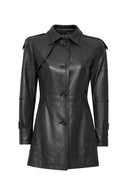 Annamaria Women's Black Belt Detailed Regular Leather Trench Coat | Derimod Annamaria Women's Black Belt Detailed Regular Leather Trench Coat | Derimod