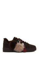 Kadın Kahverengi Bağcıklı Charmlı Süet Deri Teddy Sneaker | Derimod Kadın Kahverengi Bağcıklı Charmlı Süet Deri Teddy Sneaker | Derimod