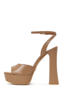 Woman Beige Ankle-Buckle High Thick-Heeled Platform Leather Sandal | Derimod Woman Beige Ankle-Buckle High Thick-Heeled Platform Leather Sandal | Derimod