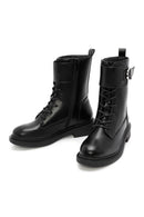Women's Black Zipper Lace-Up Combat Boots | Derimod Women's Black Zipper Lace-Up Combat Boots | Derimod