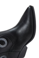 Women's Black Patterned Leather Cowboy Boots | Derimod Women's Black Patterned Leather Cowboy Boots | Derimod
