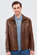 Bruno Men's Cognac Leather Jacket | Derimod Bruno Men's Cognac Leather Jacket | Derimod