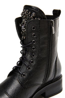 Women's Black Leather Zippered Stone Flat Boots | Derimod Women's Black Leather Zippered Stone Flat Boots | Derimod