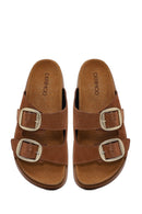 Women's Tan Double Buckle Thick Sole Suede Leather Slippers | Derimod Women's Tan Double Buckle Thick Sole Suede Leather Slippers | Derimod
