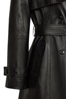 Isabel Woman Black Double-breasted Collar Leather Overcoat | Derimod Isabel Woman Black Double-breasted Collar Leather Overcoat | Derimod