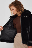 Anabel Women's Black Teddy Leather Jacket | Derimod Anabel Women's Black Teddy Leather Jacket | Derimod
