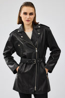 Venus Women's Black Double Breasted Leather Jacket | Derimod Venus Women's Black Double Breasted Leather Jacket | Derimod