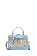 Women's Blue Long Strap Patterned Mini Box Crossbody Bag | Derimod Women's Blue Long Strap Patterned Mini Box Crossbody Bag | Derimod