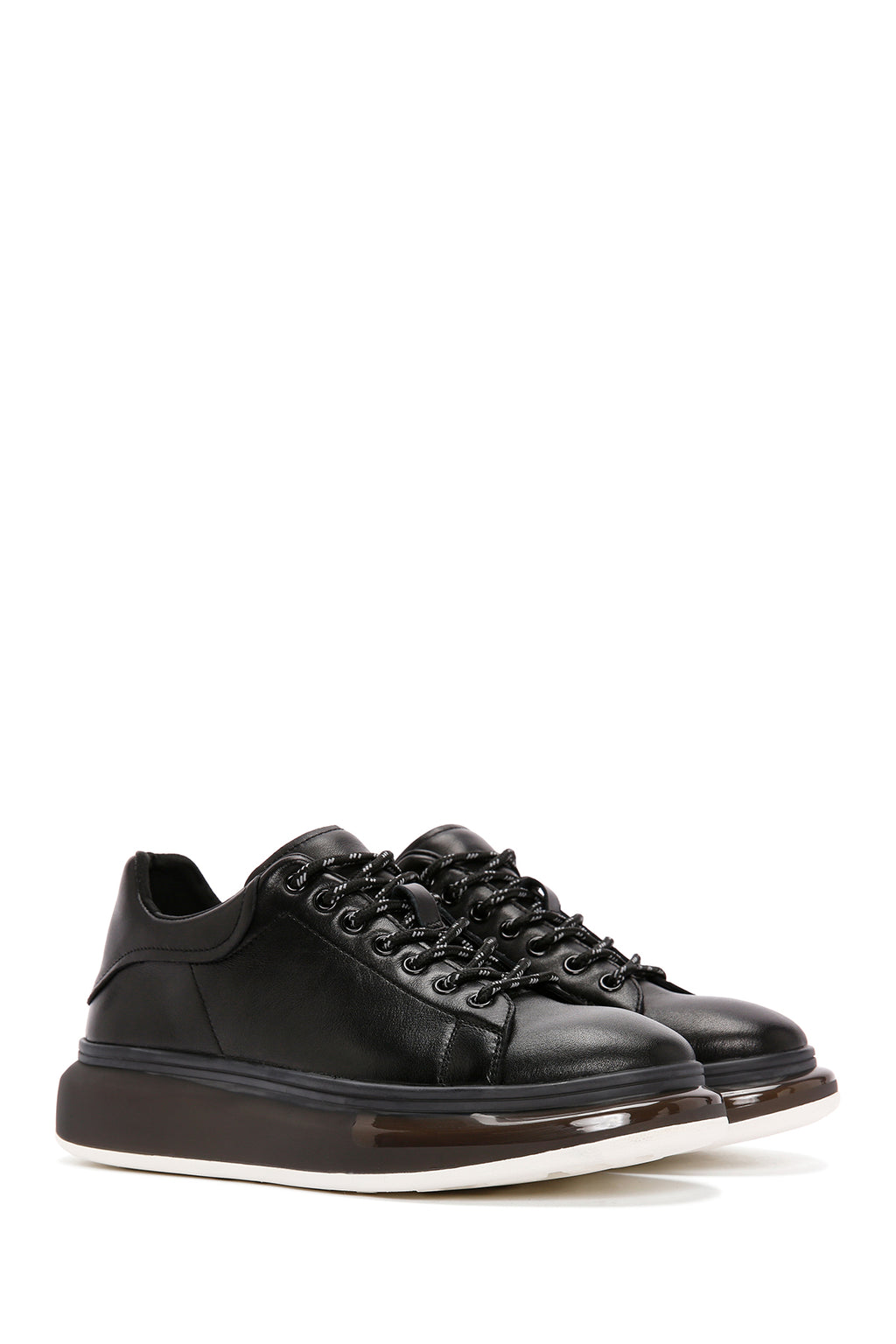 Erkek Siyah Bağcıklı Kalın Tabanlı Deri Sneaker