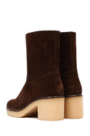 Women's Brown Zippered Thick Heeled Suede Leather Boot | Derimod Women's Brown Zippered Thick Heeled Suede Leather Boot | Derimod