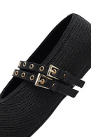 Women's Black Double Buckled Straw Leather Ballerinas | Derimod Women's Black Double Buckled Straw Leather Ballerinas | Derimod
