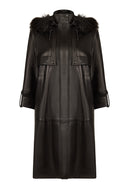 Adele Woman Black A-Line Hooded Fur Collar Leather Overcoat | Derimod Adele Woman Black A-Line Hooded Fur Collar Leather Overcoat | Derimod