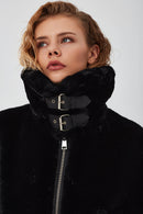 Anabel Women's Black Teddy Leather Jacket | Derimod Anabel Women's Black Teddy Leather Jacket | Derimod