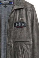 Hurricane Men's Grey Fur Collar Pilot Leather Jacket with Emblem | Derimod Hurricane Men's Grey Fur Collar Pilot Leather Jacket with Emblem | Derimod
