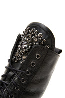 Women's Black Leather Zippered Stone Flat Boots | Derimod Women's Black Leather Zippered Stone Flat Boots | Derimod