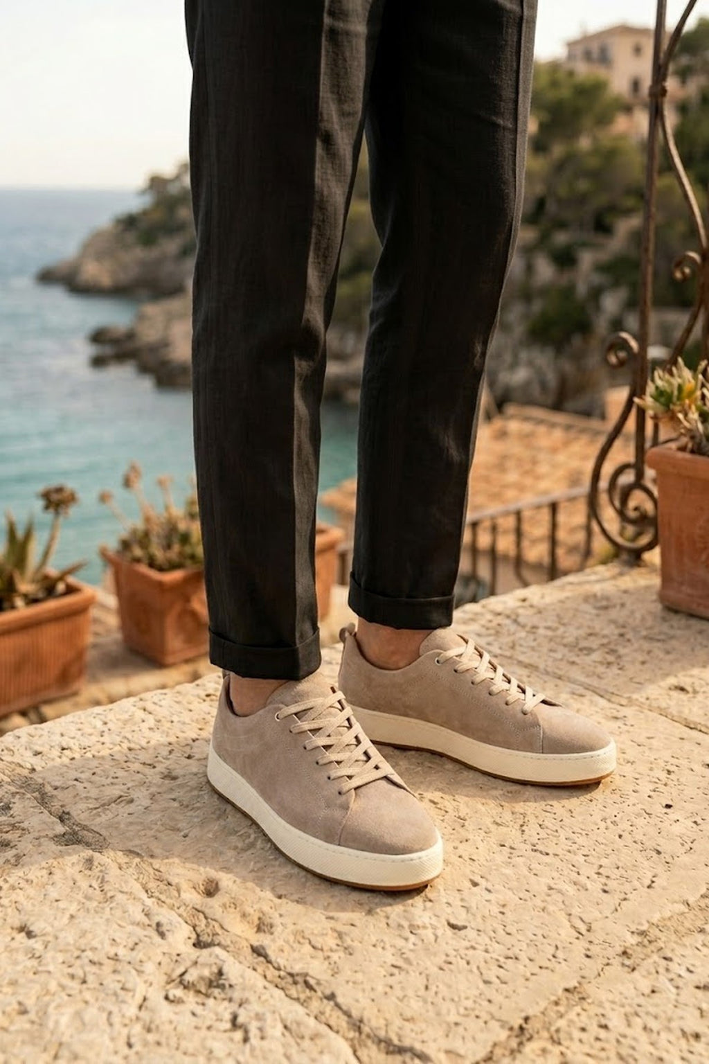 Erkek Bej Bağcıklı Süet Deri Sneaker