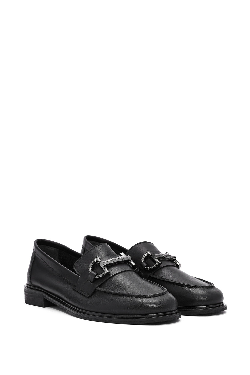 Kadın Siyah Tokalı Deri Maskülen Loafer