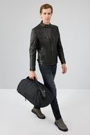 Jefferson Men's Black Stand Collar Slim-Fit Leather Jacket | Derimod Jefferson Men's Black Stand Collar Slim-Fit Leather Jacket | Derimod