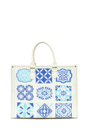Woman Blue Long Strap Patterned Fabric Shoulder Bag | Derimod Woman Blue Long Strap Patterned Fabric Shoulder Bag | Derimod
