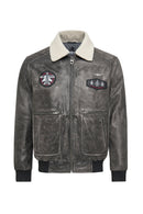 Hurricane Men's Grey Fur Collar Pilot Leather Jacket with Emblem | Derimod Hurricane Men's Grey Fur Collar Pilot Leather Jacket with Emblem | Derimod
