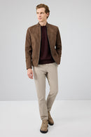 Neymar Men's Chestnut Man Collar Slim-Fit Suede Leather Jacket | Derimod Neymar Men's Chestnut Man Collar Slim-Fit Suede Leather Jacket | Derimod