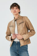 Alicia Women's Beige Short Leather Jacket | Derimod Alicia Women's Beige Short Leather Jacket | Derimod