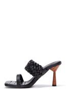 Women's Black Braided Heeled Slippers | Derimod Women's Black Braided Heeled Slippers | Derimod