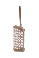 Women's Beige Long Strap Fabric Monogram Patterned Clutch Bag | Derimod Women's Beige Long Strap Fabric Monogram Patterned Clutch Bag | Derimod