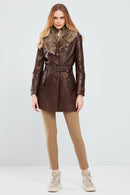 Rhoda Women's Brown Fur Leather Trench Coat | Derimod Rhoda Women's Brown Fur Leather Trench Coat | Derimod