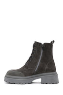 Women's Grey Zippered Suede Leather Combat Boots | Derimod Women's Grey Zippered Suede Leather Combat Boots | Derimod