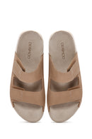 Women's Beige Double-Strap Nubuck Leather Comfort Slippers | Derimod Women's Beige Double-Strap Nubuck Leather Comfort Slippers | Derimod