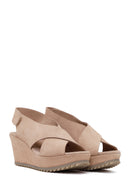 Woman Beige Strappy Wedge Suede Sandal | Derimod Woman Beige Strappy Wedge Suede Sandal | Derimod