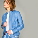 Diana-2 Women's Blue Leather Jacket | Derimod Diana-2 Women's Blue Leather Jacket | Derimod