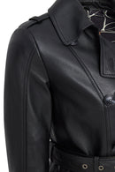 Matilda Women's Black Double Breasted Leather Coat | Derimod Matilda Women's Black Double Breasted Leather Coat | Derimod