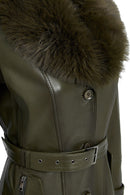 Rhoda Kadın Haki Yaka Kürklü Kemer Detaylı Deri Kaban | Derimod Rhoda Kadın Haki Yaka Kürklü Kemer Detaylı Deri Kaban | Derimod