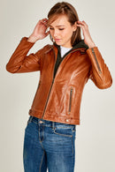 Soho Woman Cognac Leather Jacket | Derimod Soho Woman Cognac Leather Jacket | Derimod