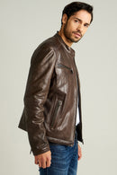 Demar Men's Brown Slim-Fit Leather Jacket | Derimod Demar Men's Brown Slim-Fit Leather Jacket | Derimod