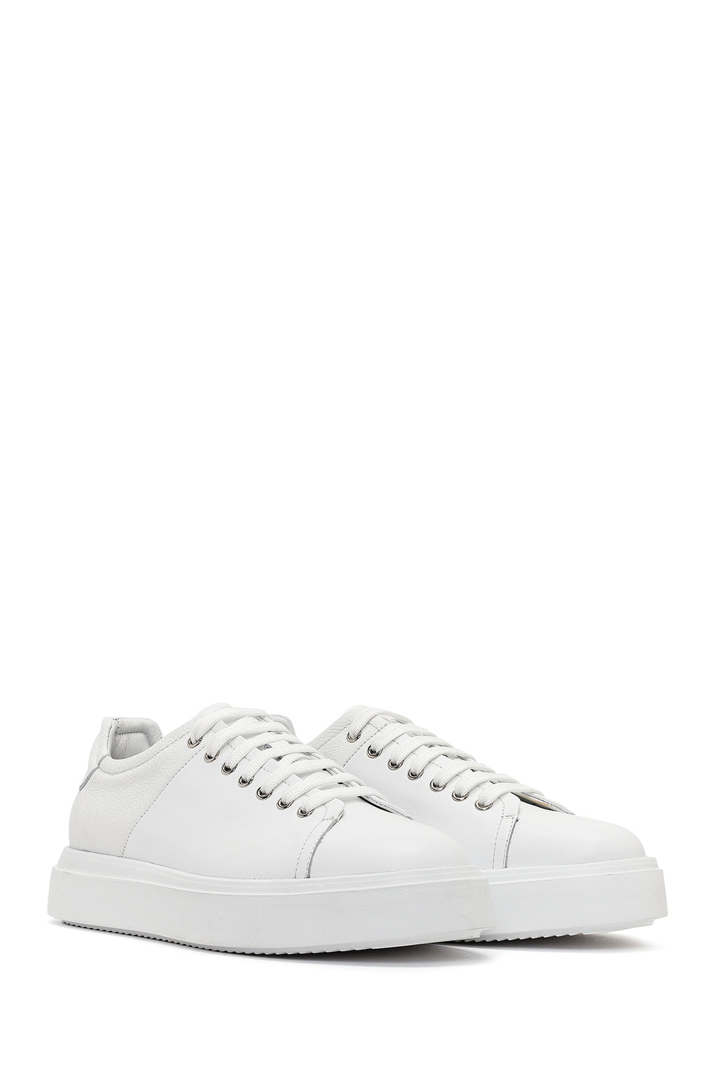 Erkek Beyaz Bağcıklı Kalın Tabanlı Deri Sneaker