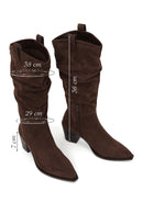 Woman Brown Zip Closure Chunky Heeled Suede Cowboy Boots | Derimod Woman Brown Zip Closure Chunky Heeled Suede Cowboy Boots | Derimod