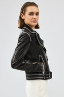 Lady Women's Black Short Leather Jacket | Derimod Lady Women's Black Short Leather Jacket | Derimod