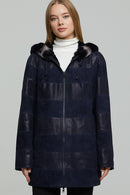 Dalia Women's Navy Blue Hooded Leather Coat | Derimod Dalia Women's Navy Blue Hooded Leather Coat | Derimod
