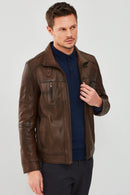 Muller Men's Cognac Leather Jacket | Derimod Muller Men's Cognac Leather Jacket | Derimod