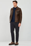 Muller Men's Cognac Leather Jacket | Derimod Muller Men's Cognac Leather Jacket | Derimod
