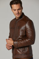 Ford Men's Cognac Leather Jacket | Derimod Ford Men's Cognac Leather Jacket | Derimod
