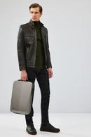 Wade Men's Green Slim-Fit Leather Coat | Derimod Wade Men's Green Slim-Fit Leather Coat | Derimod