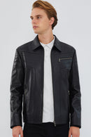 Travis Men's Black Leather Jacket | Derimod Travis Men's Black Leather Jacket | Derimod