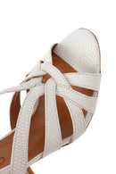 Women's Cream Ankle Buckle Patterned Thick Heel Leather Sandals | Derimod Women's Cream Ankle Buckle Patterned Thick Heel Leather Sandals | Derimod