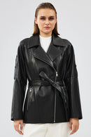 Adriana Women's Black Double Collar Leather Jacket | Derimod Adriana Women's Black Double Collar Leather Jacket | Derimod